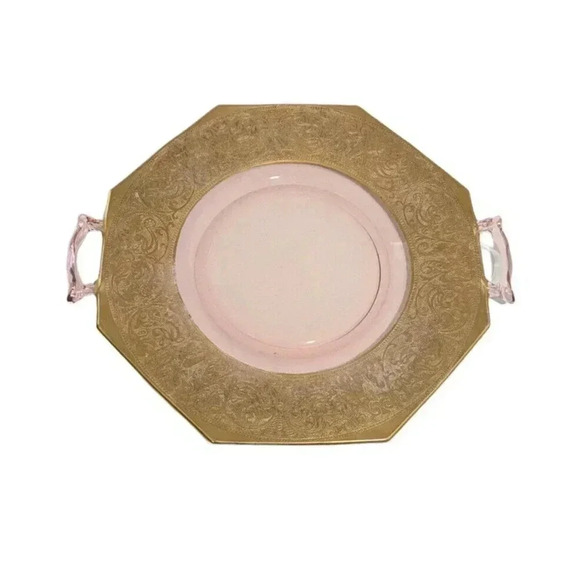 Pink Depression Glass Large Double Handle Plate Cake Plate Tray Gold Rim Dish - Picture 1 of 9